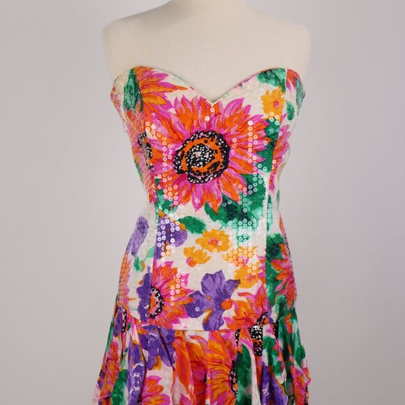 🌺 Vtg A.J. Bari Tropical Floral Ruffled Tierred Strapless Dress Party Resort - Picture 2 of 11